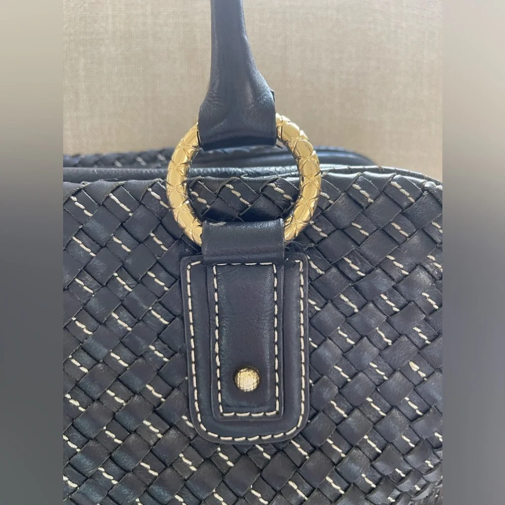 Antonio Melani Black Intrecciato Genuine Leather Satchel Handbag Gold Hardware